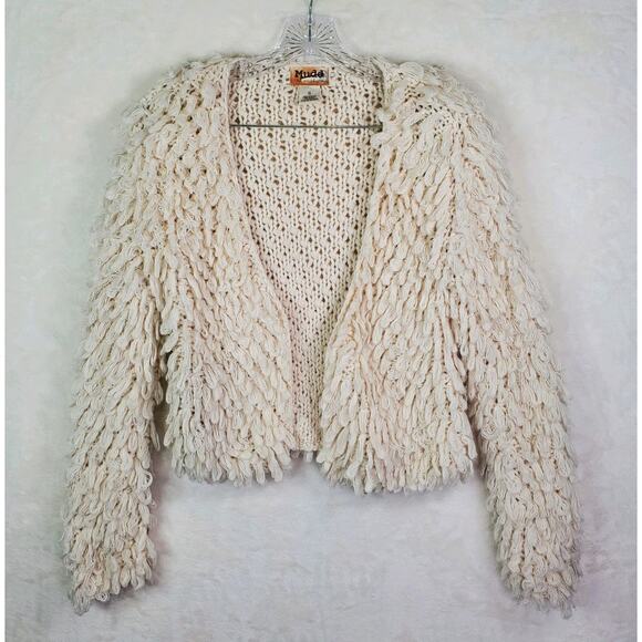 Mudd Cream Shaggy Cropped Cardigan Sweater Jacket Women Size Small Boho Knit - Picture 1 of 7